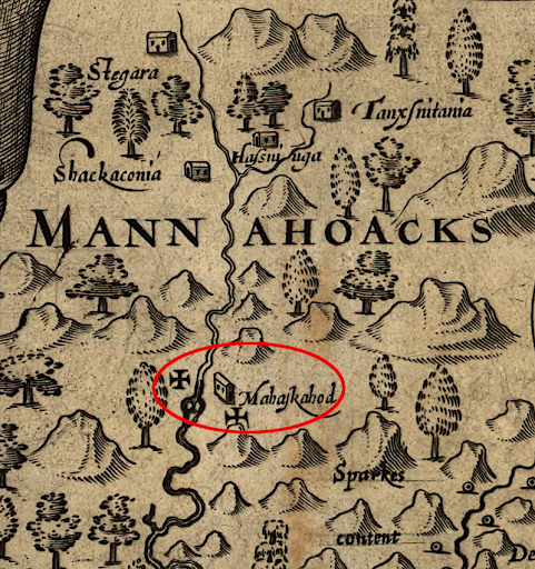 John Smith's Map of Virginia with the location of Lauck's Island and the Native Village 'Mahaskahod' marked.